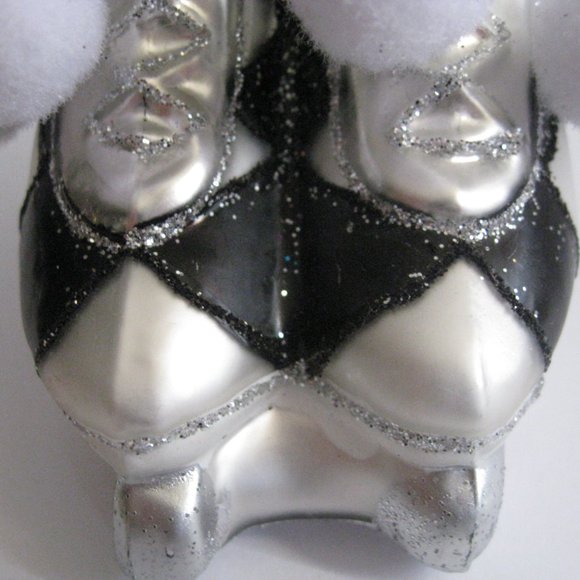 Fortunoff Holiday Glass Ice Skate Christmas Ornament Silver Black Harlequin Glitter Pom Poms